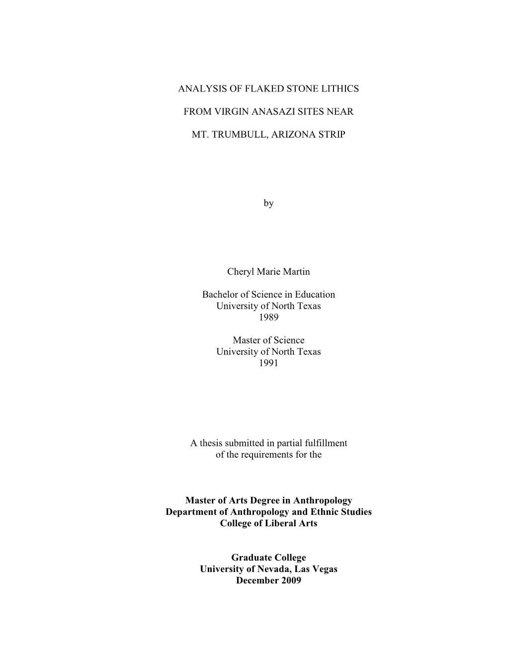 Analysis of Flaked Stone Lithics from Virgin Anasazi Sites Near Mt