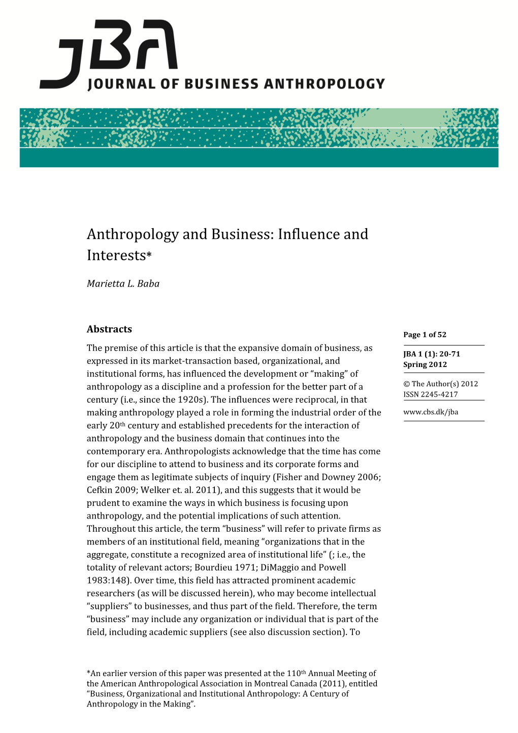 Anthropology and Business: Influence and Interests*