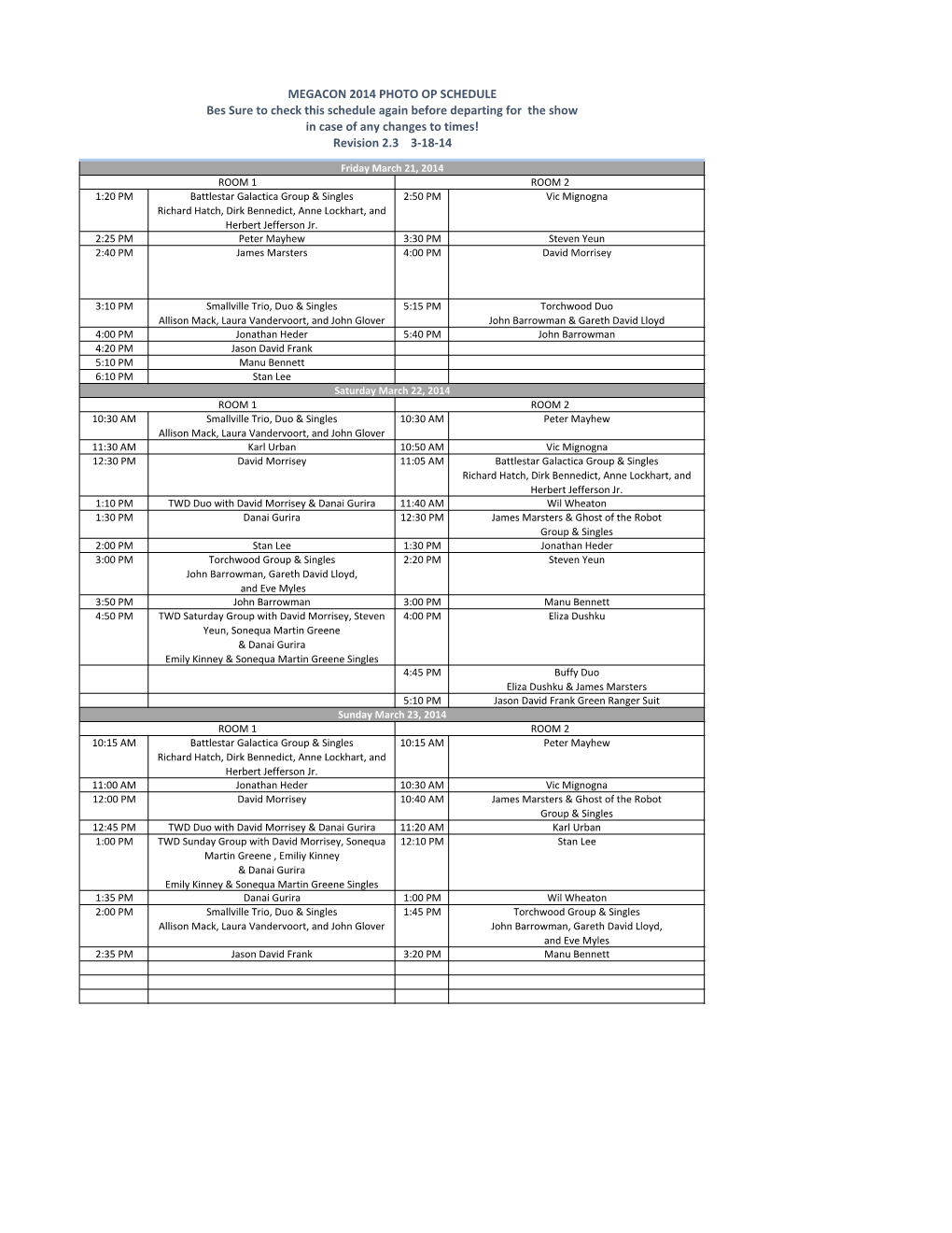 MEGACON 2014 PHOTO OP SCHEDULE Bes Sure to Check This Schedule Again Before Departing for the Show in Case of Any Changes to Times! Revision 2.3 3-18-14