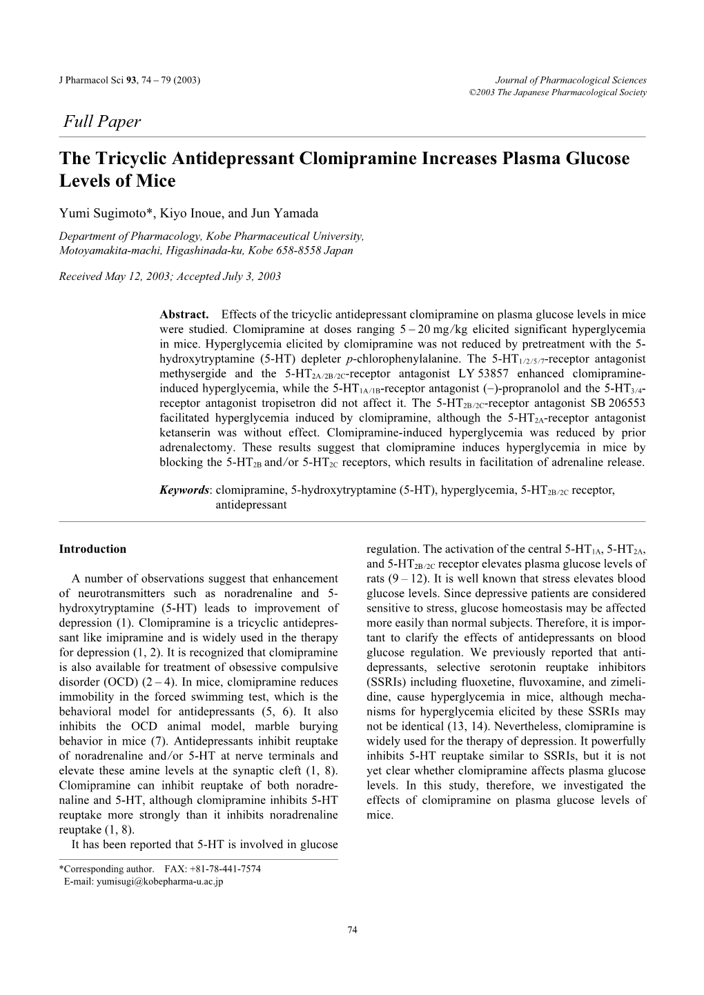 The Tricyclic Antidepressant Clomipramine Increases Plasma Glucose Levels of Mice