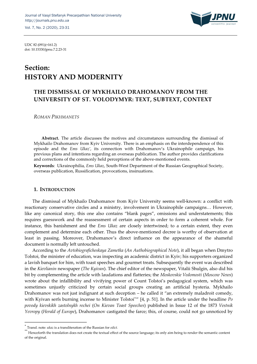 Section: HISTORY and MODERNITY
