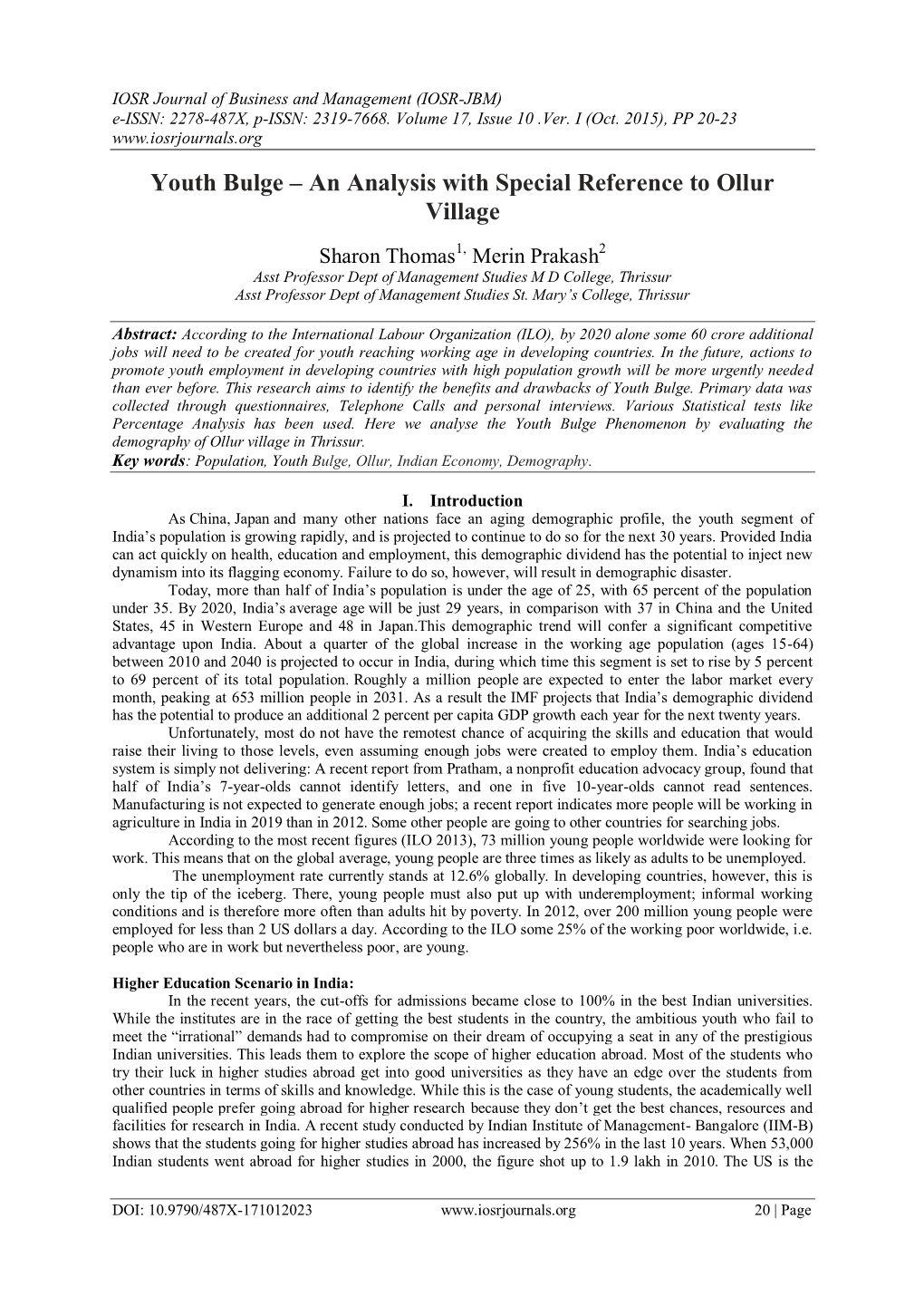 Youth Bulge – an Analysis with Special Reference to Ollur Village