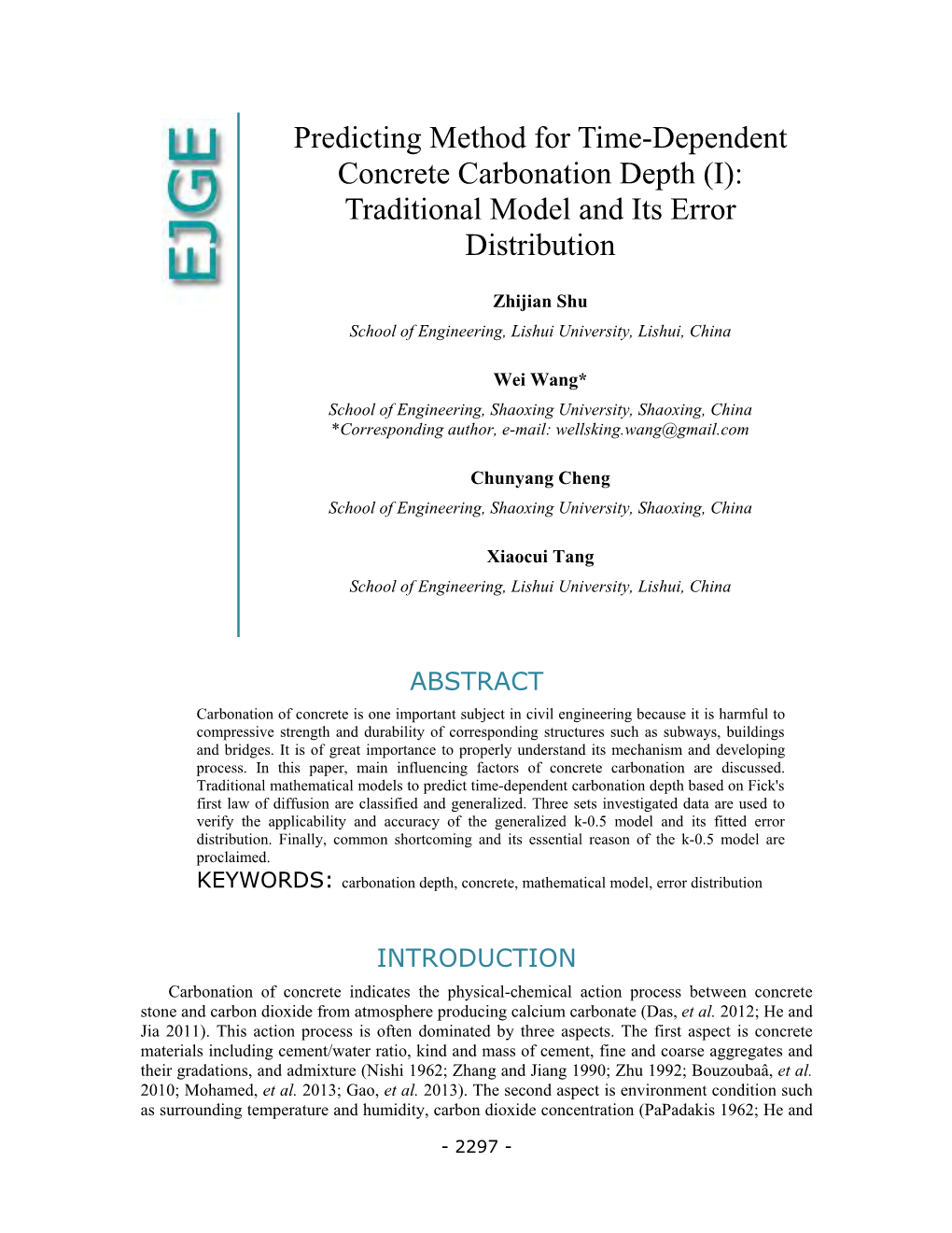 Predicting Method for Time-Dependent Concrete Carbonation Depth (I): Traditional Model and Its Error Distribution