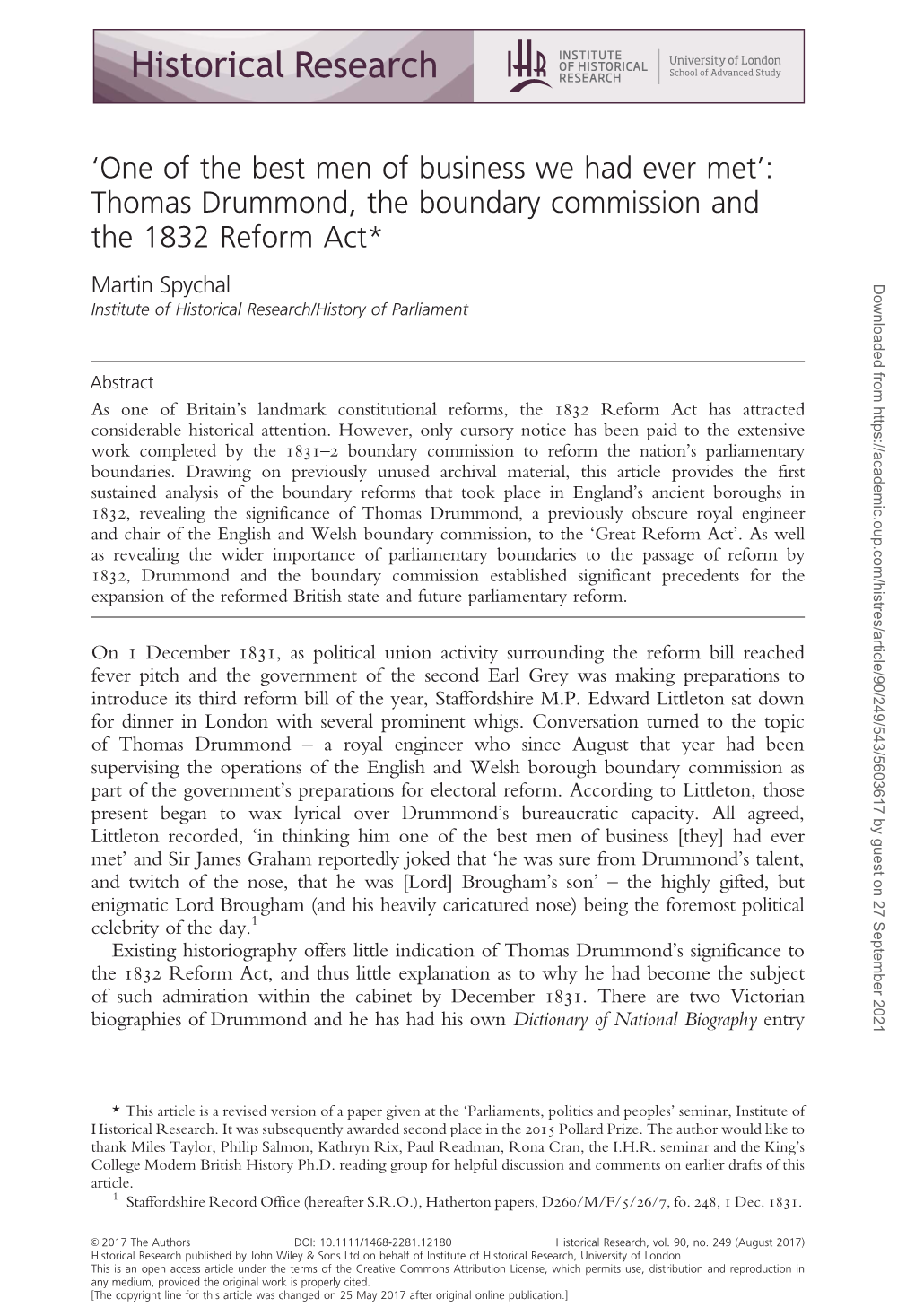 Thomas Drummond, the Boundary Commission and the 1832 Reform Act*