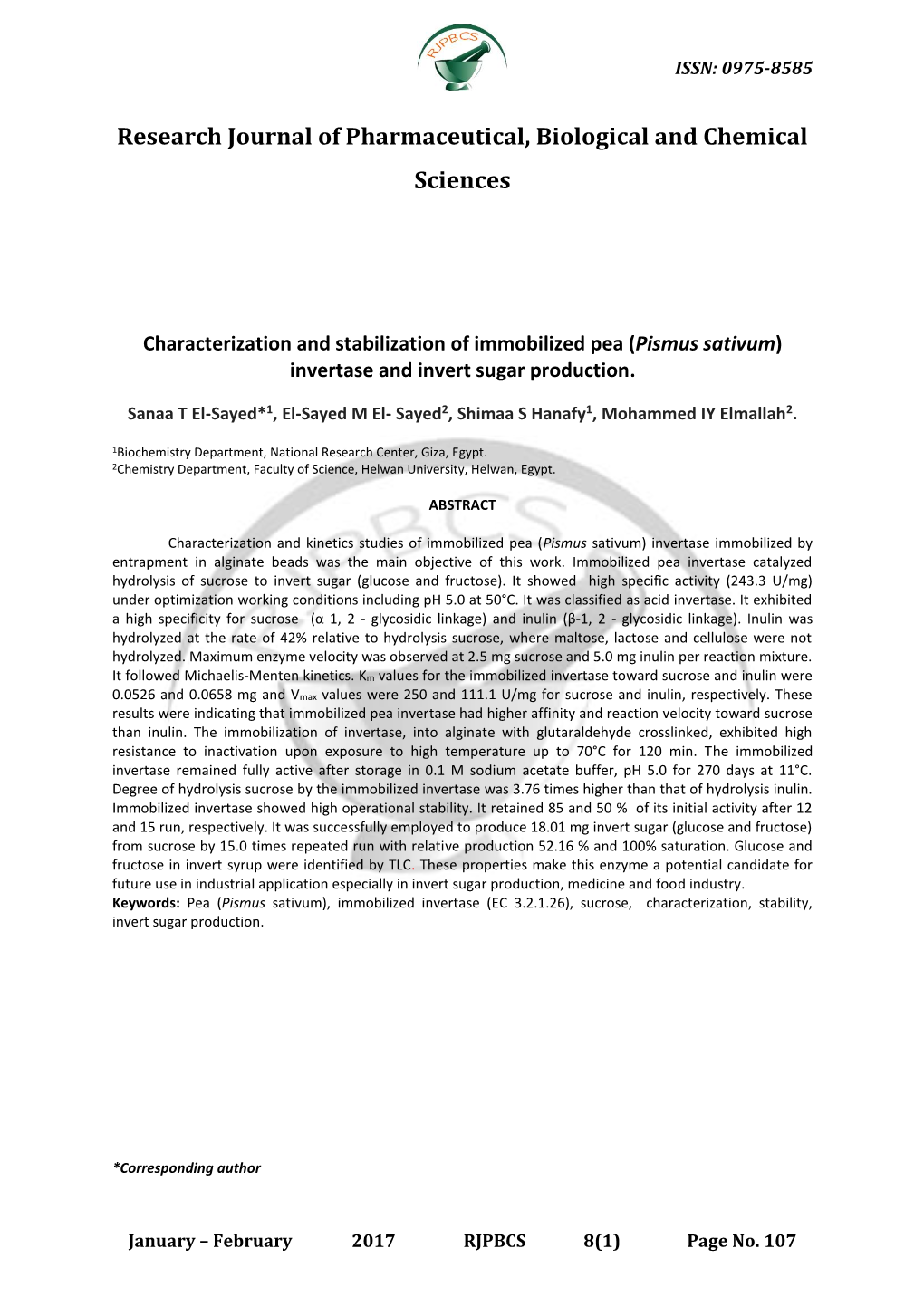 (Pismus Sativum) Invertase and Invert Sugar Production