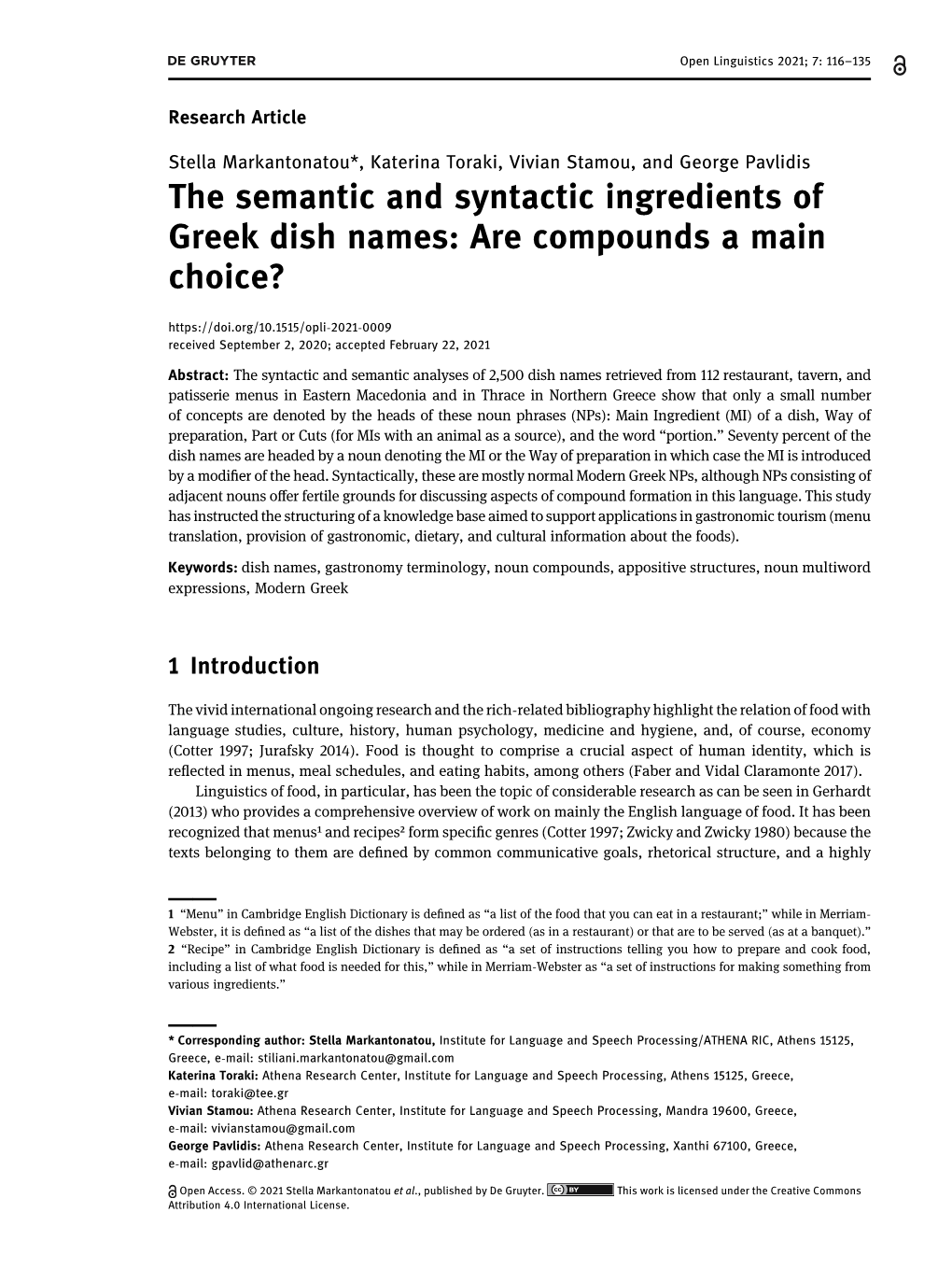 The Semantic and Syntactic Ingredients of Greek Dish Names