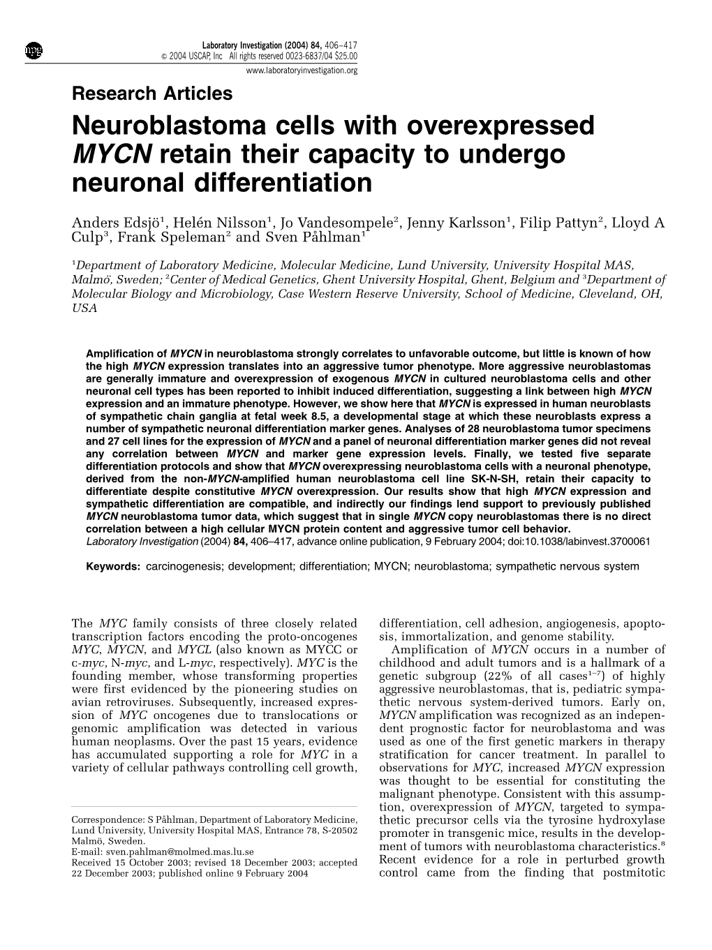 Neuroblastoma Cells with Overexpressed MYCN Retain Their Capacity to Undergo Neuronal Differentiation