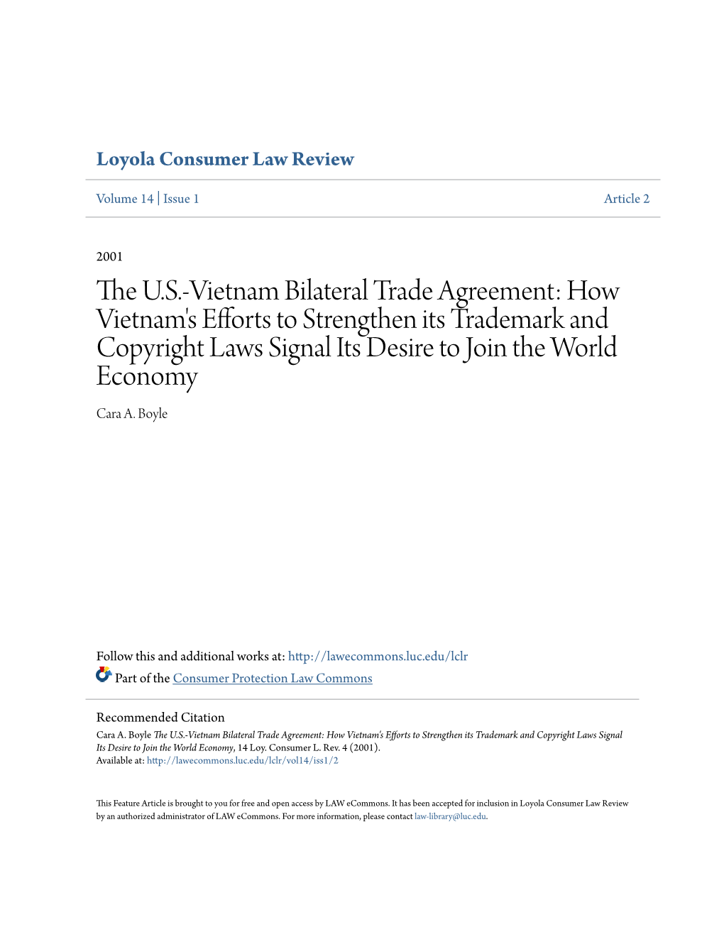 The U.S.-Vietnam Bilateral Trade Agreement: How Vietnam's Efforts to Strengthen Its Trademark and Copyright Laws Signal Its Desire to Join the World Economy, 14 Loy