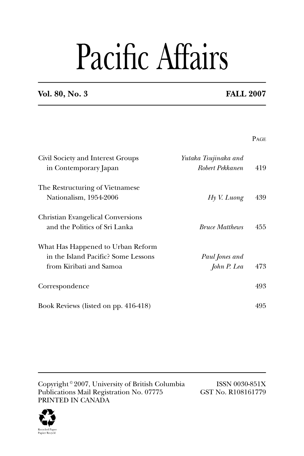 Pacific Affairs: Volume 80, No