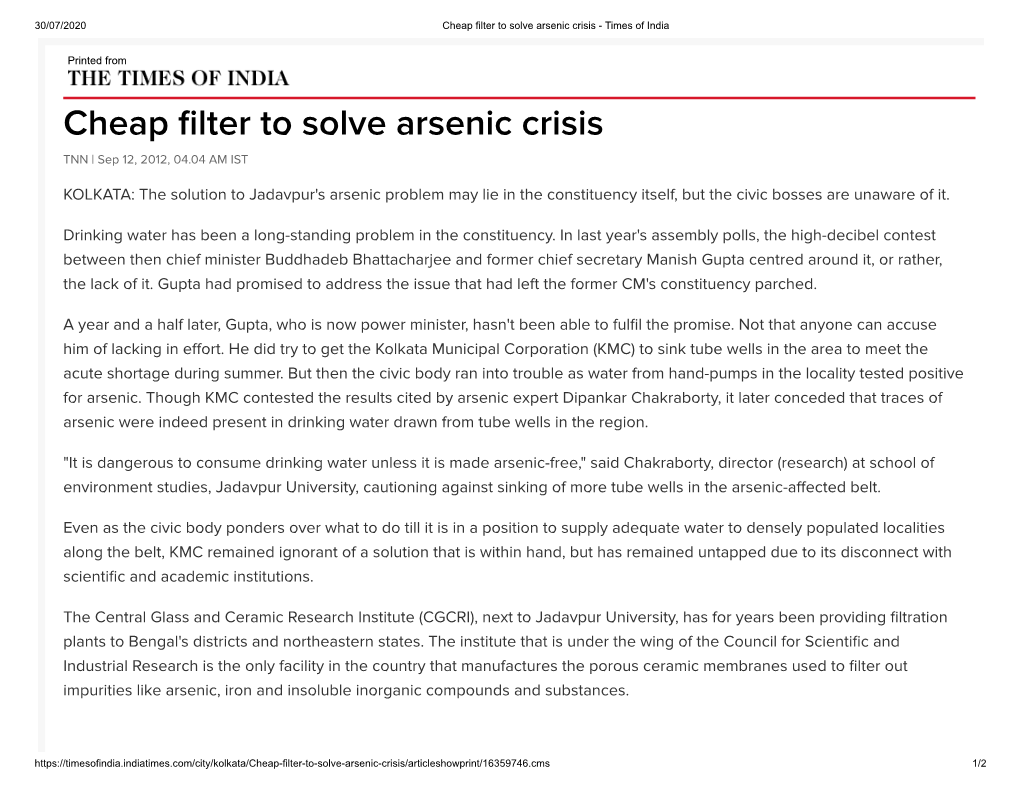 Cheap Filter to Solve Arsenic Crisis - Times of India