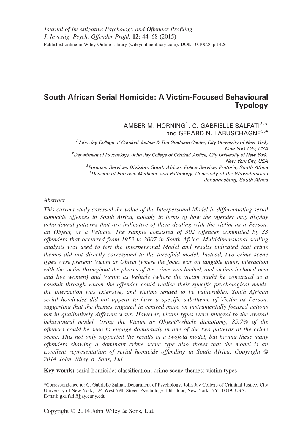 South African Serial Homicide: a Victim-Focused Behavioural Typology