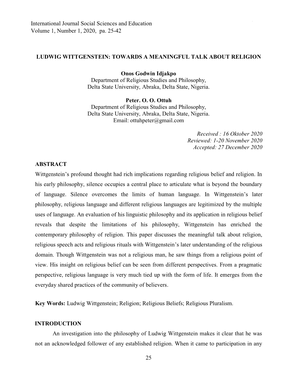 Vol. 1, No 1, 2020 Onos & Peter 25 LUDWIG WITTGENSTEIN