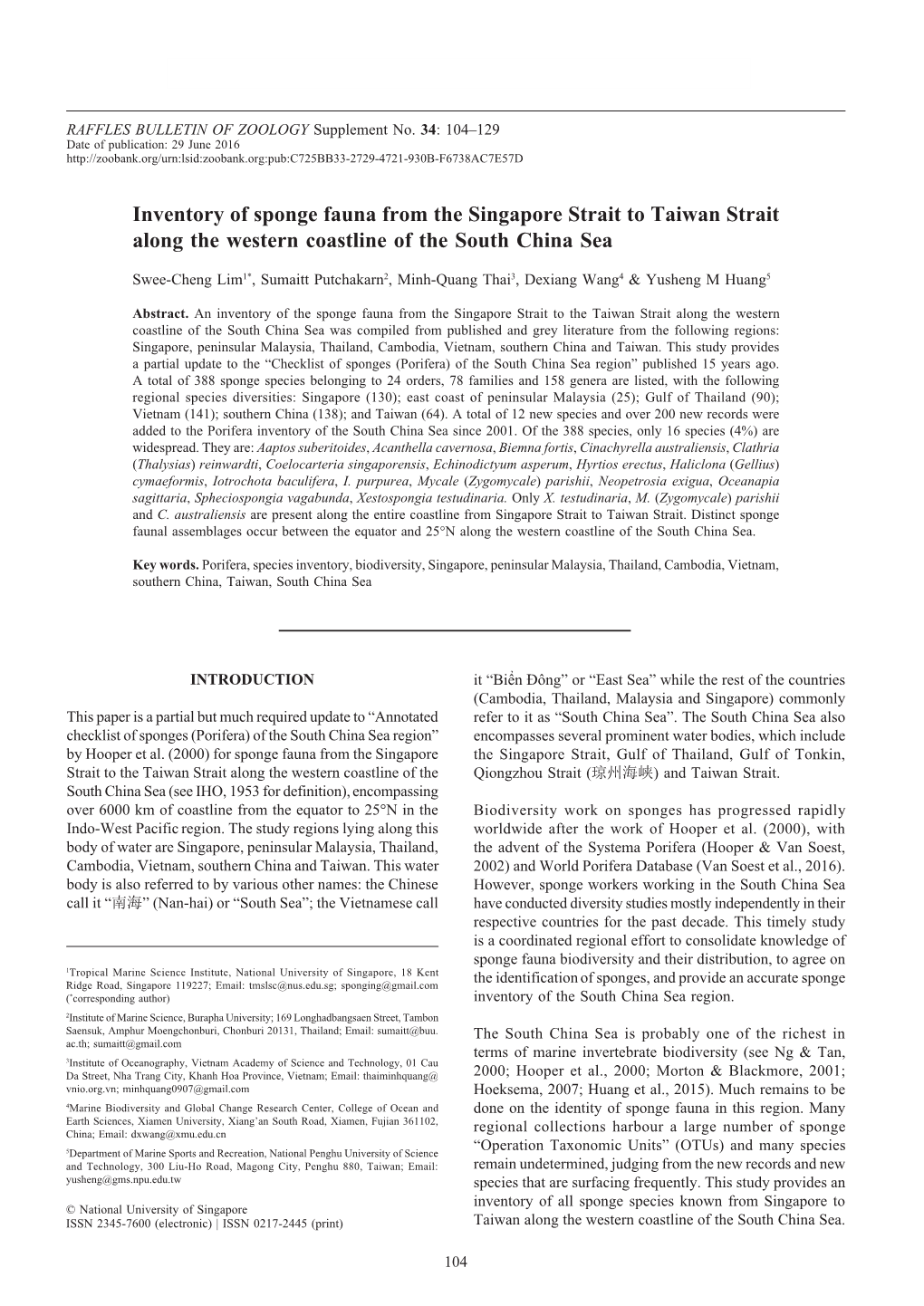 Inventory of Sponge Fauna from the Singapore Strait to Taiwan Strait Along the Western Coastline of the South China Sea