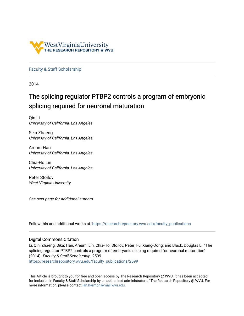 The Splicing Regulator PTBP2 Controls a Program of Embryonic Splicing Required for Neuronal Maturation