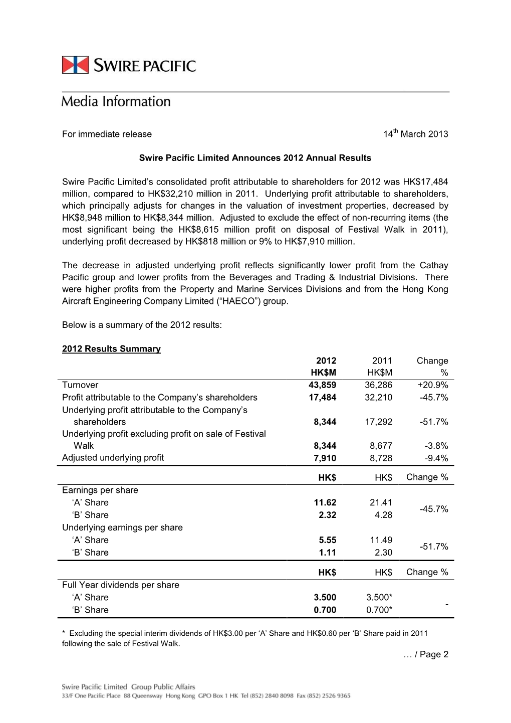 Swire Pacific Limited Announces 2012 Annual Results