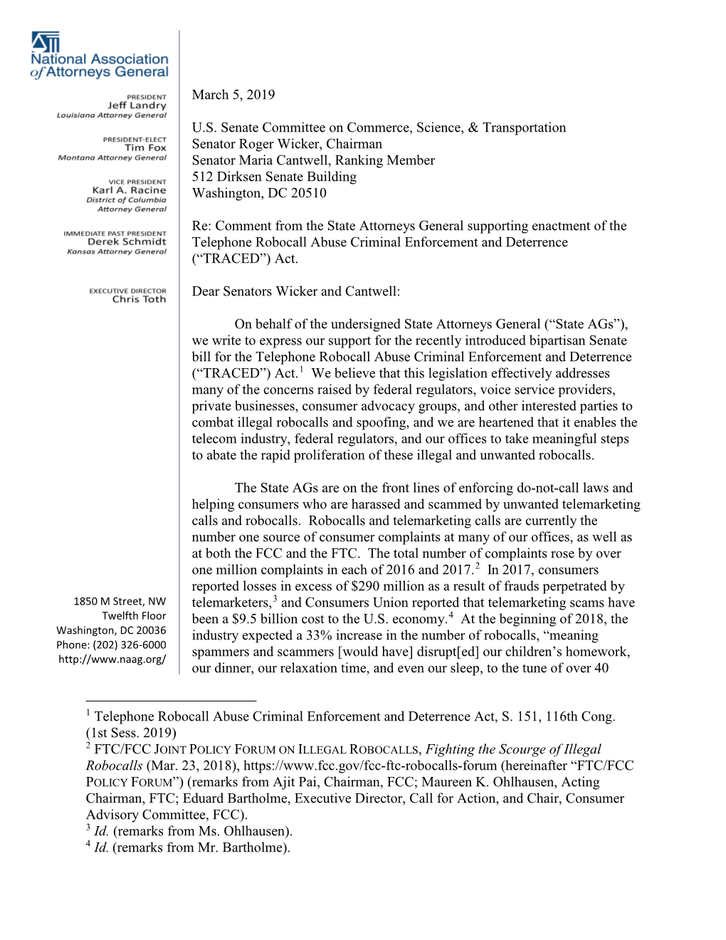 Comment from the State Attorneys General Supporting Enactment of the Telephone Robocall Abuse Criminal Enforcement and Deterrence (“TRACED”) Act