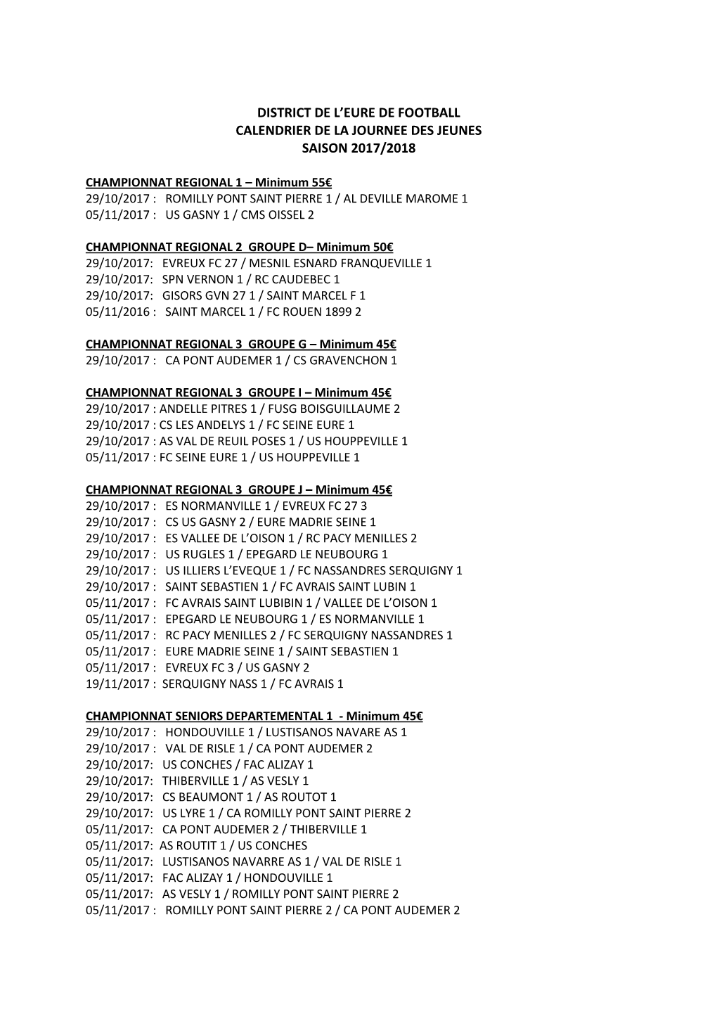 District De L'eure De Football Calendrier De La Journee