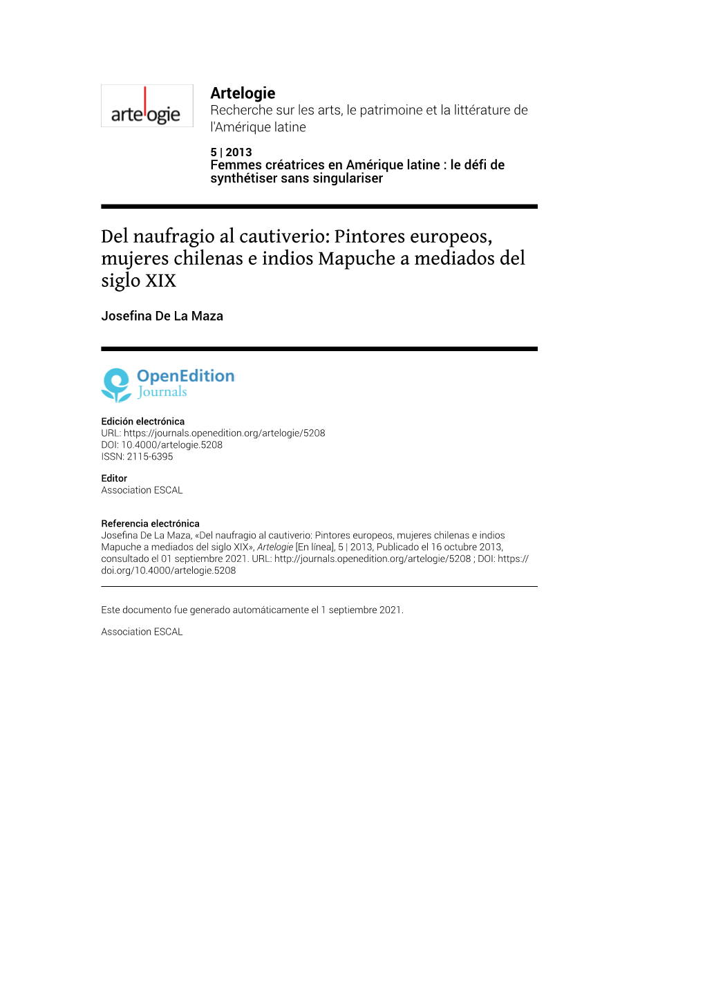 Artelogie, 5 | 2013 Del Naufragio Al Cautiverio: Pintores Europeos, Mujeres Chilenas E Indios Map