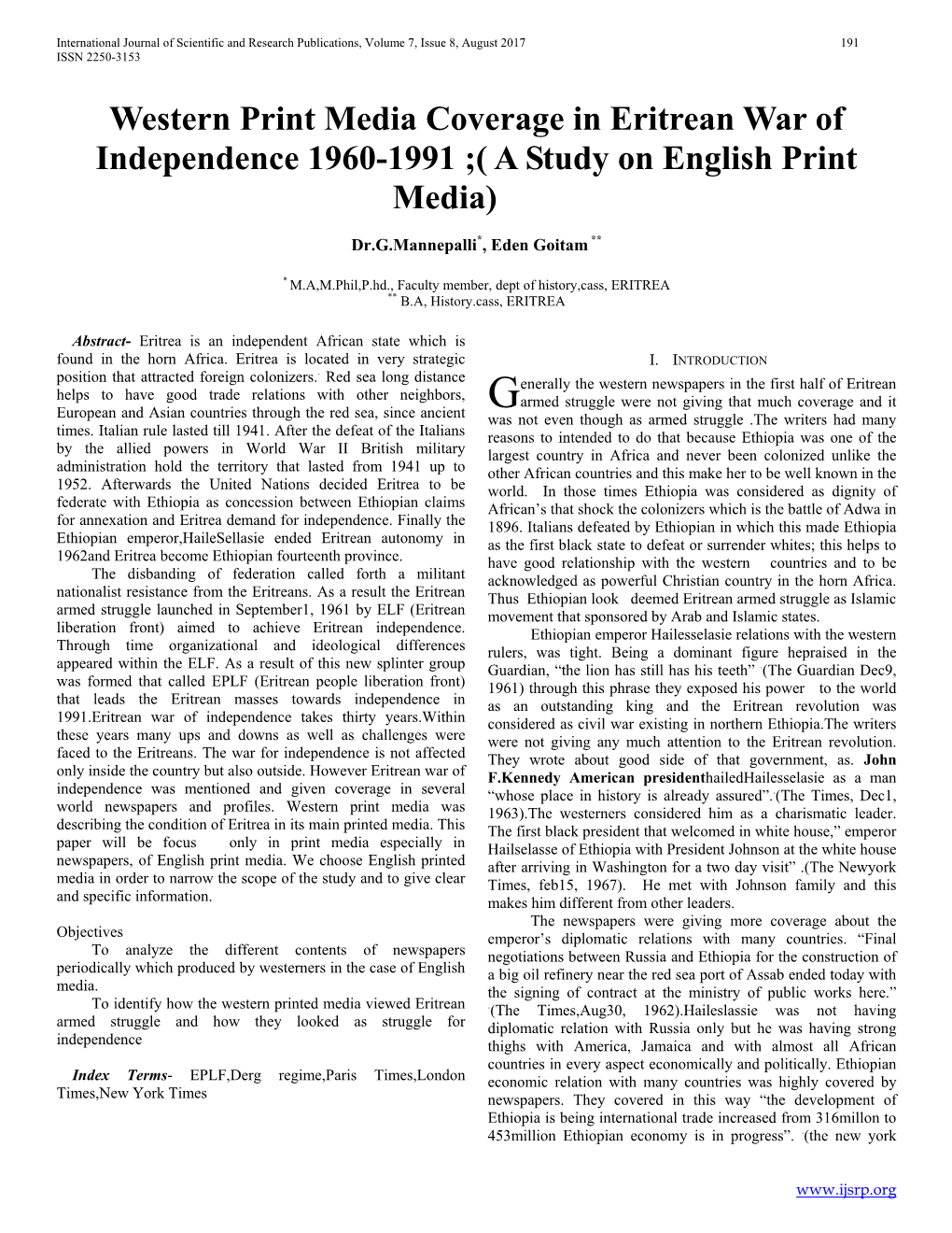 Western Print Media Coverage in Eritrean War of Independence 1960-1991 ;( a Study on English Print Media)