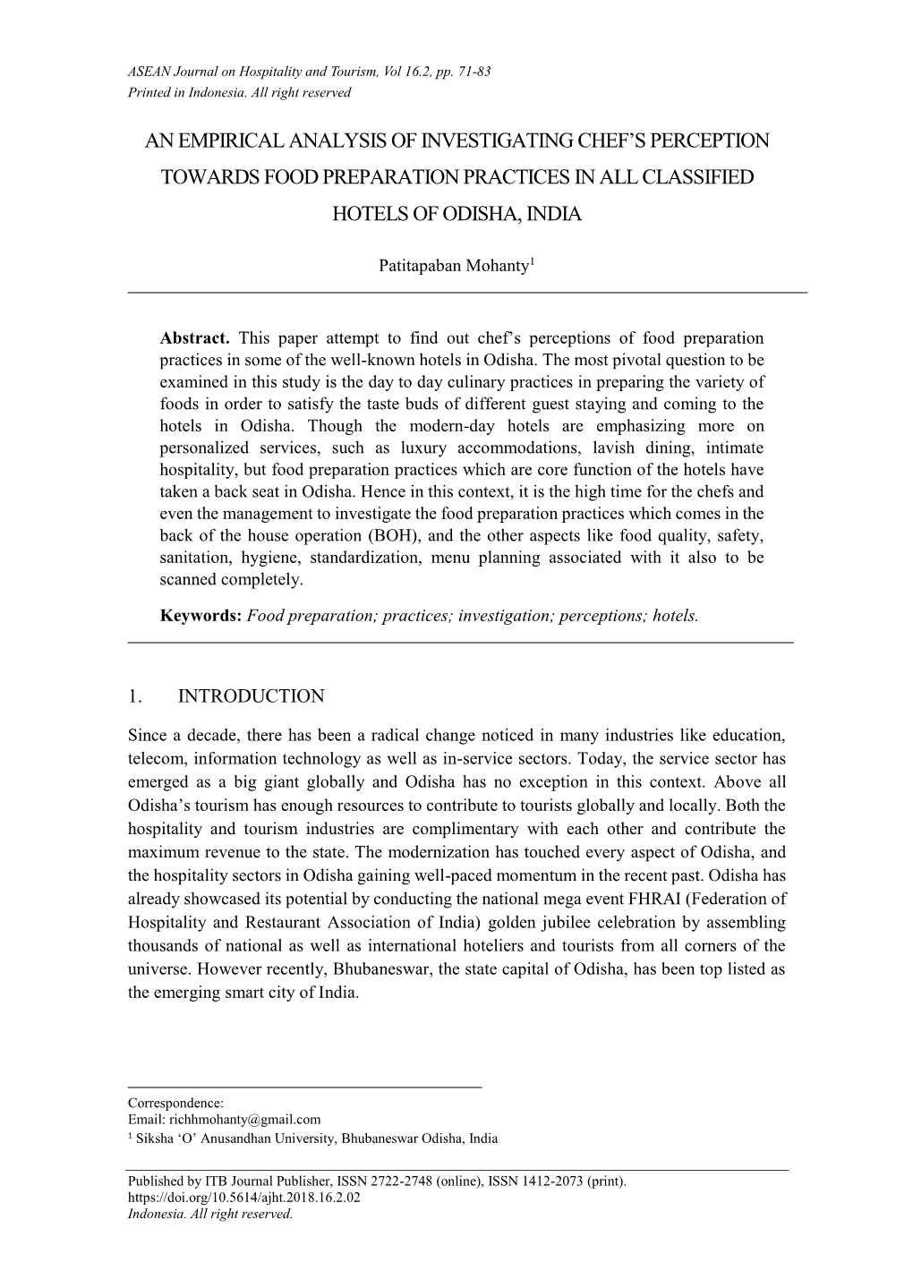 An Empirical Analysis of Investigating Chef's Perception Towards Food Preparation Practices in All Classified Hotels of Odisha