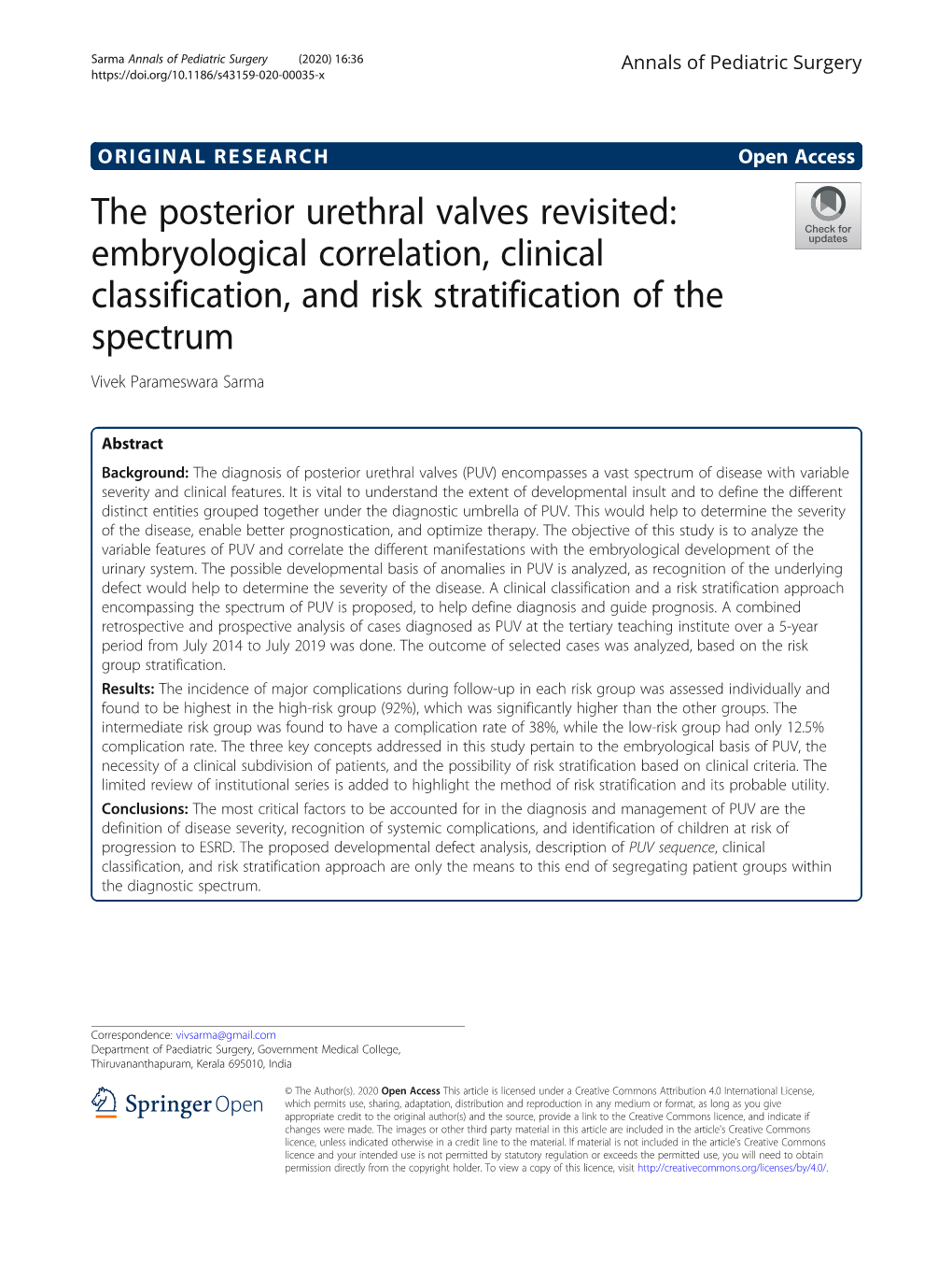 The Posterior Urethral Valves Revisited: Embryological Correlation, Clinical Classification, and Risk Stratification of the Spectrum Vivek Parameswara Sarma