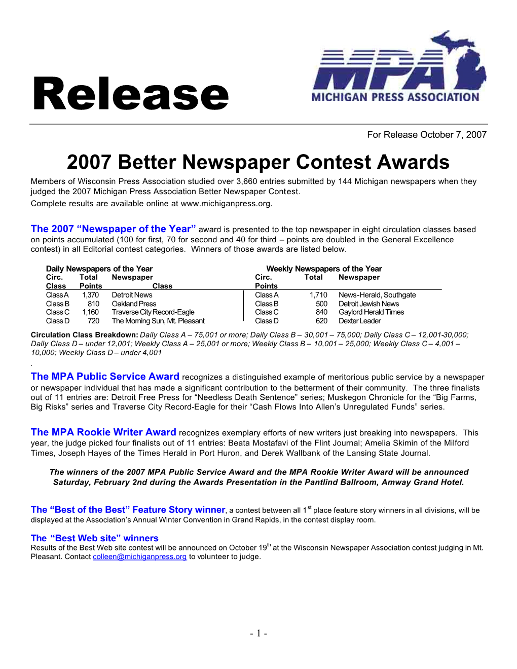 Release for Release October 7, 2007