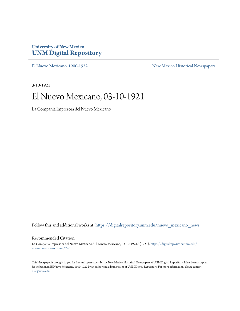 El Nuevo Mexicano, 03-10-1921 La Compania Impresora Del Nuevo Mexicano