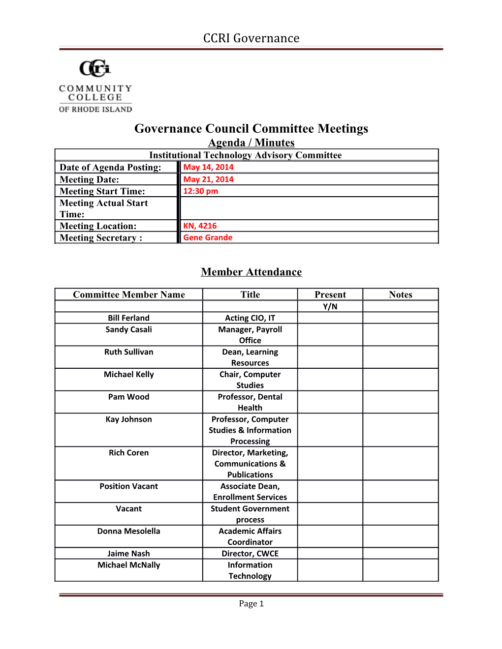 Governance Council Committee Meetings