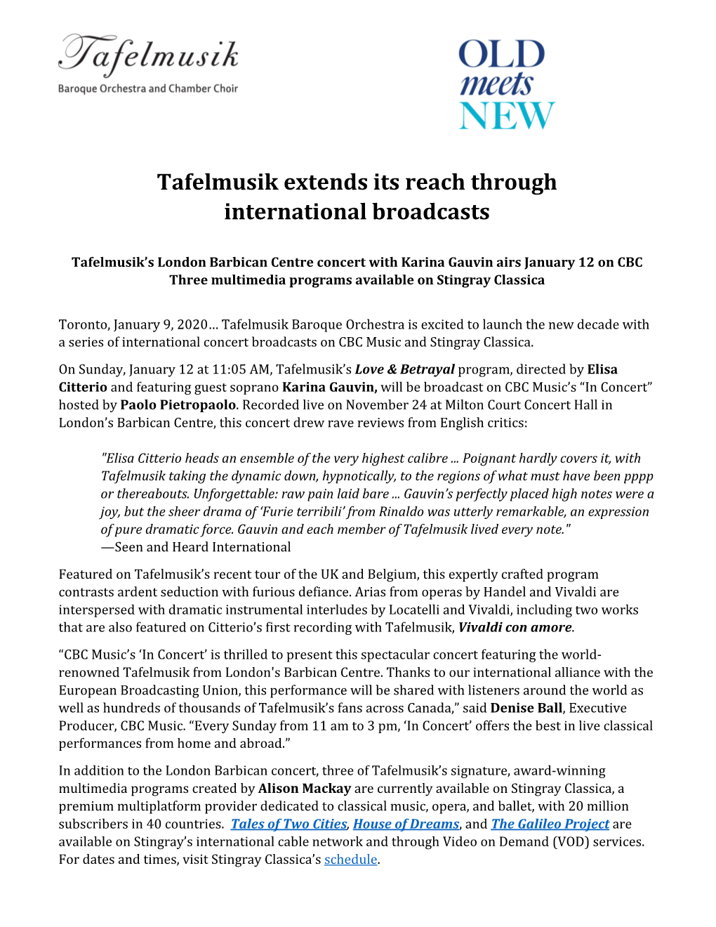 Tafelmusik Extends Its Reach Through International Broadcasts