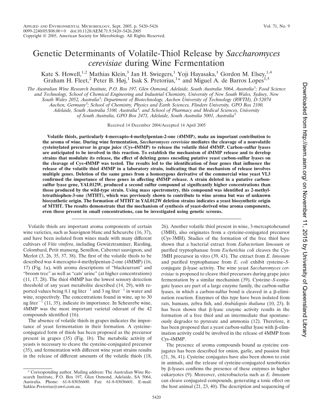 Genetic Determinants of Volatile-Thiol Release by Saccharomyces Cerevisiae During Wine Fermentation Kate S