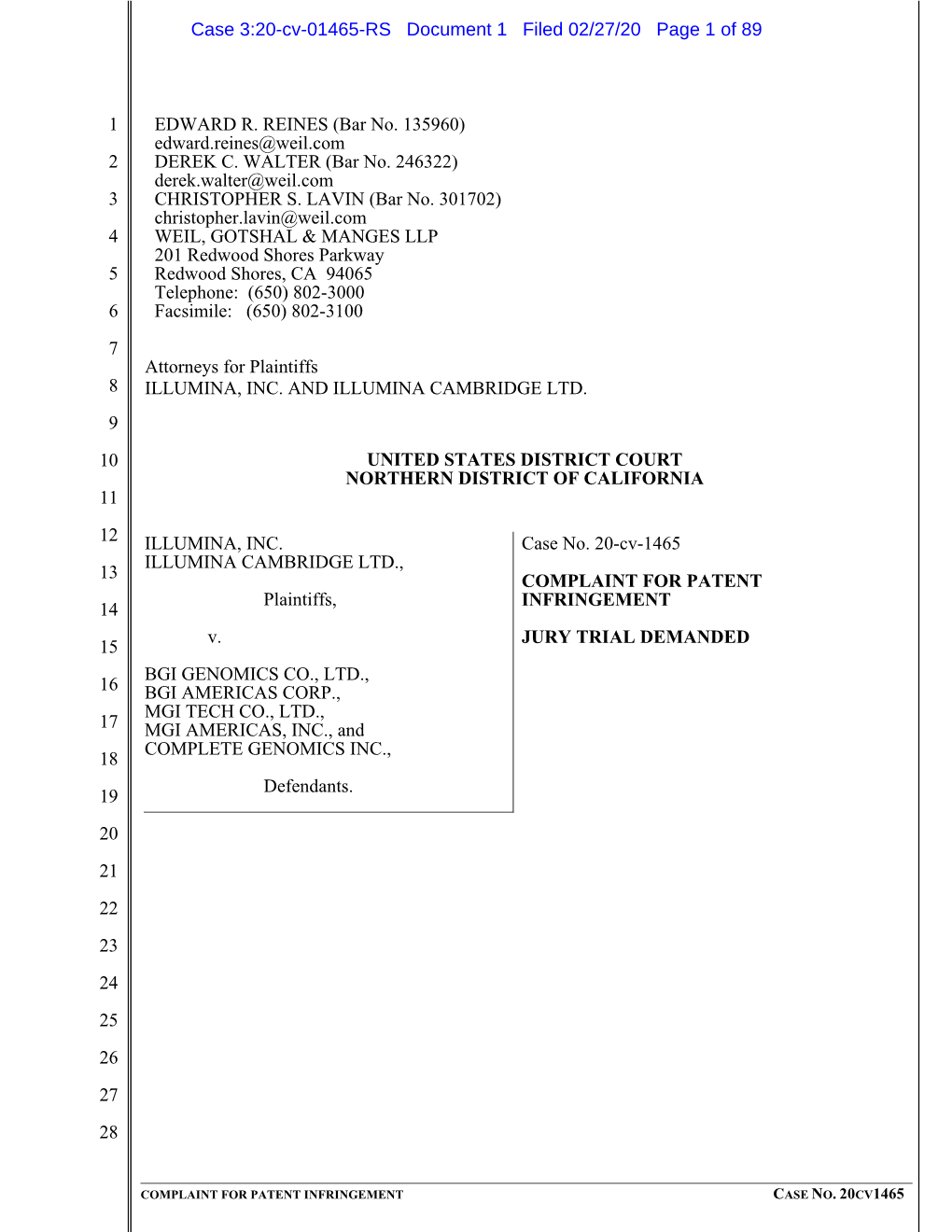 Illumina V. BGI Genomics Co. Et