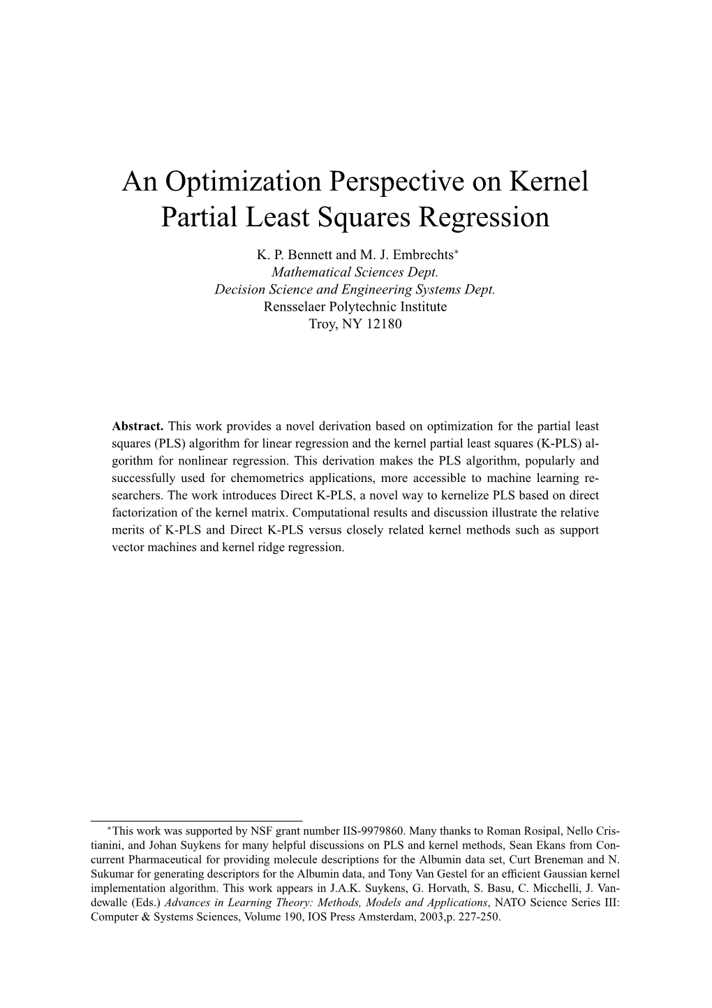 An Optimization Perspective on Kernel Partial Least Squares Regression