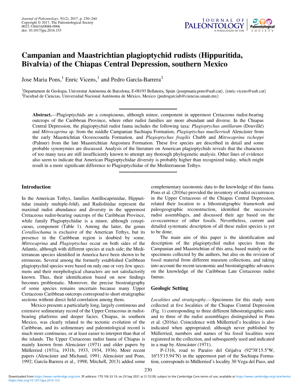 Campanian and Maastrichtian Plagioptychid Rudists (Hippuritida, Bivalvia) of the Chiapas Central Depression, Southern Mexico