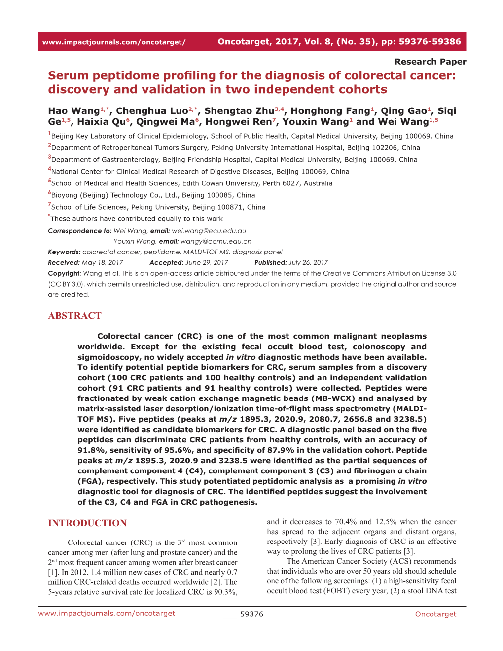 Serum Peptidome Profiling for the Diagnosis of Colorectal Cancer: Discovery and Validation in Two Independent Cohorts