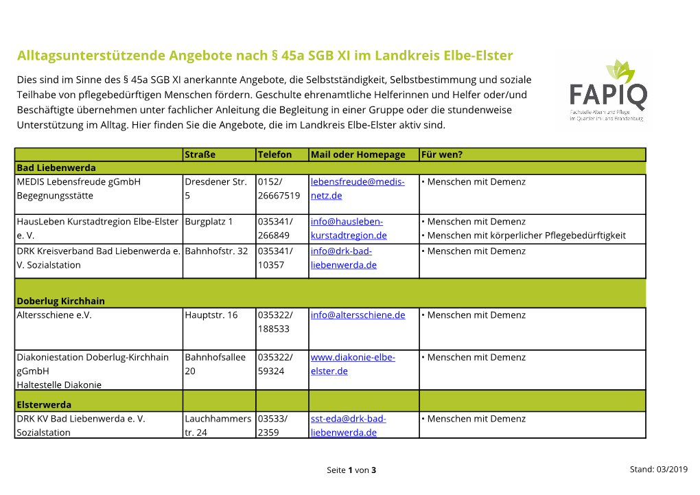 Alltagsunterstützende Angebote Nach § 45A SGB XI Im Landkreis Elbe-Elster