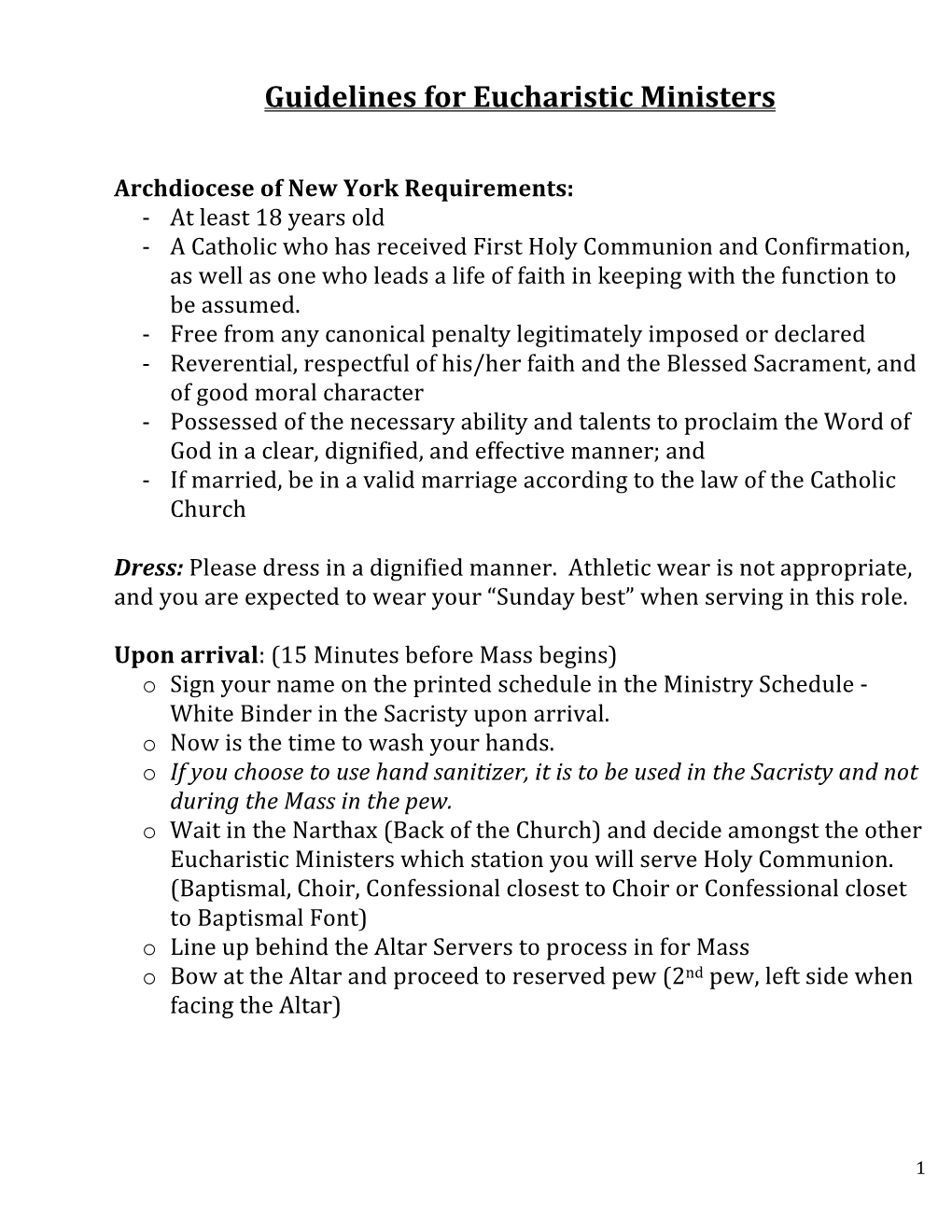 Guidelines for Eucharistic Ministers