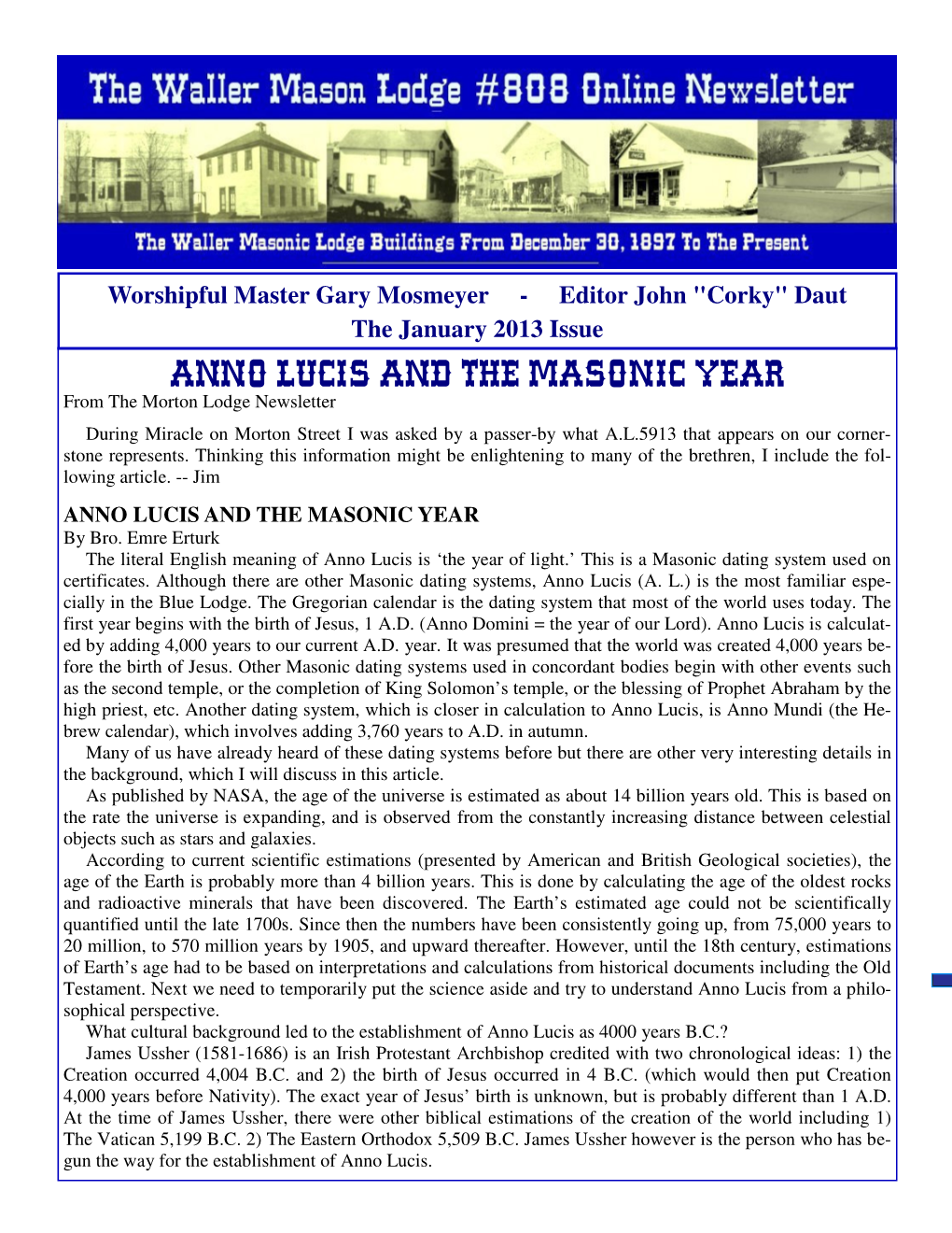 ANNO LUCIS and the MASONIC YEAR from the Morton Lodge Newsletter