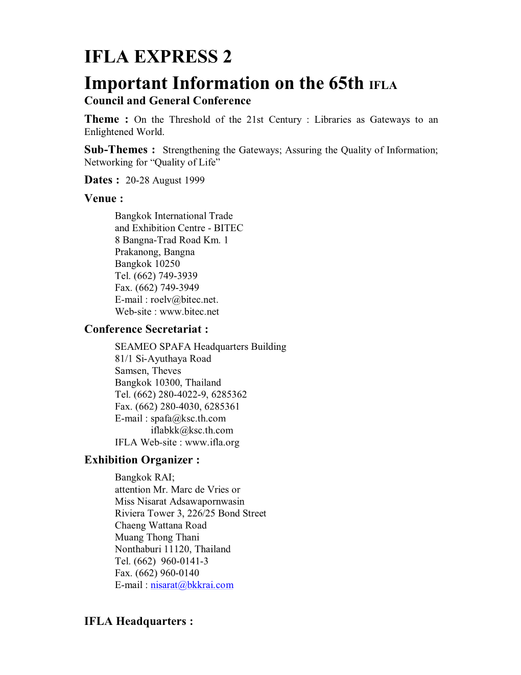 IFLA EXPRESS 2 Important Information on the 65Th IFLA