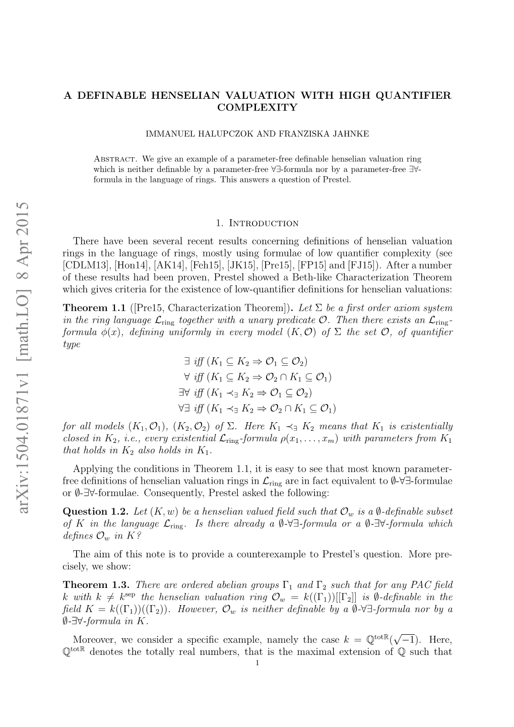 Arxiv:1504.01871V1 [Math.LO]