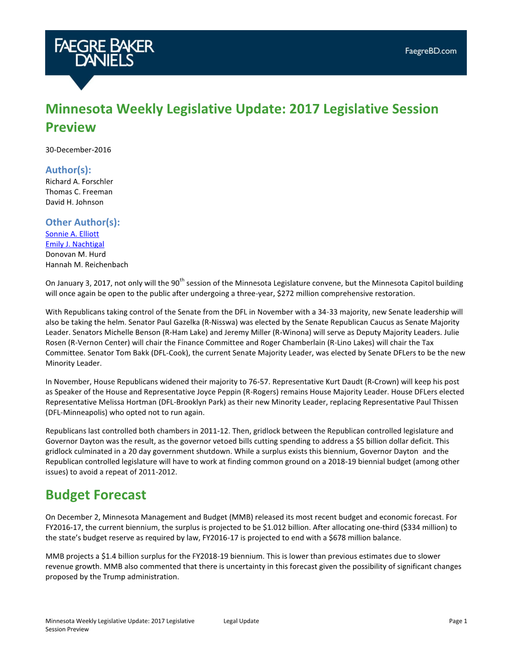 Minnesota Weekly Legislative Update: 2017 Legislative Session Preview