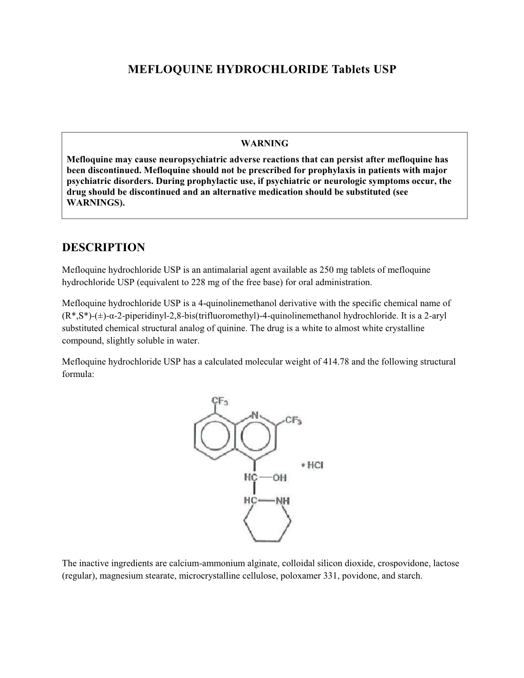 MEFLOQUINE HYDROCHLORIDE Tablets USP DESCRIPTION