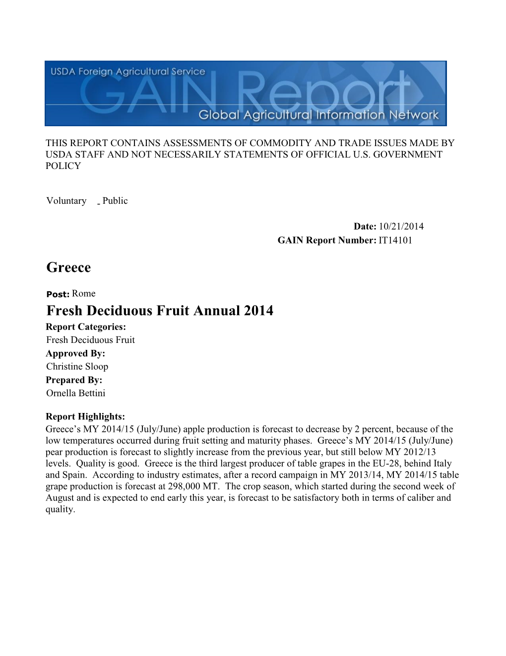 Fresh Deciduous Fruit Annual 2014 Greece