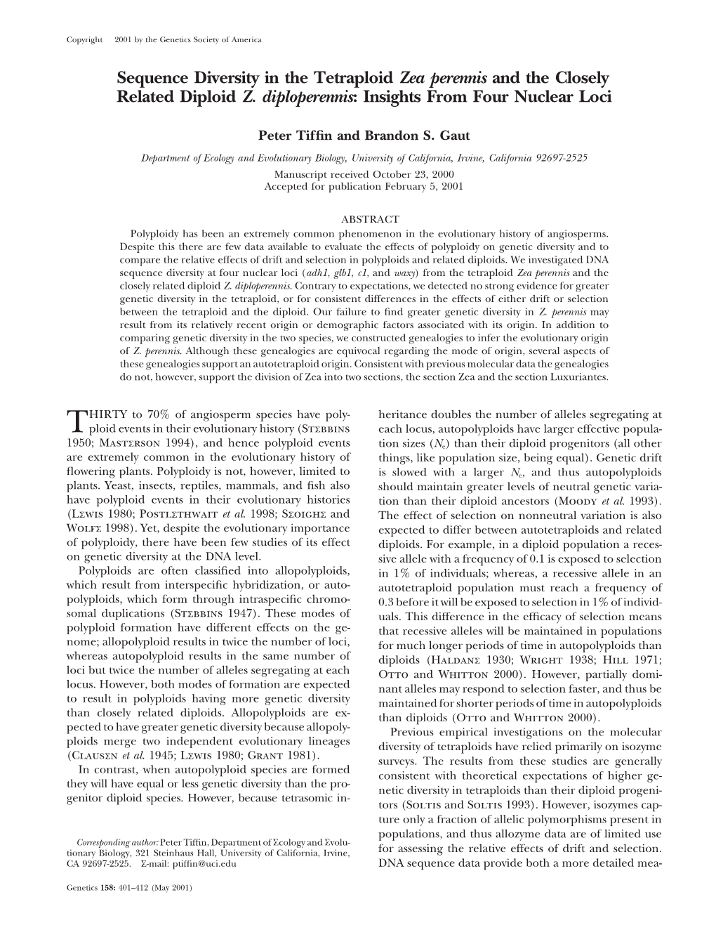 Sequence Diversity in the Tetraploid Zea Perennis and the Closely Related Diploid Z