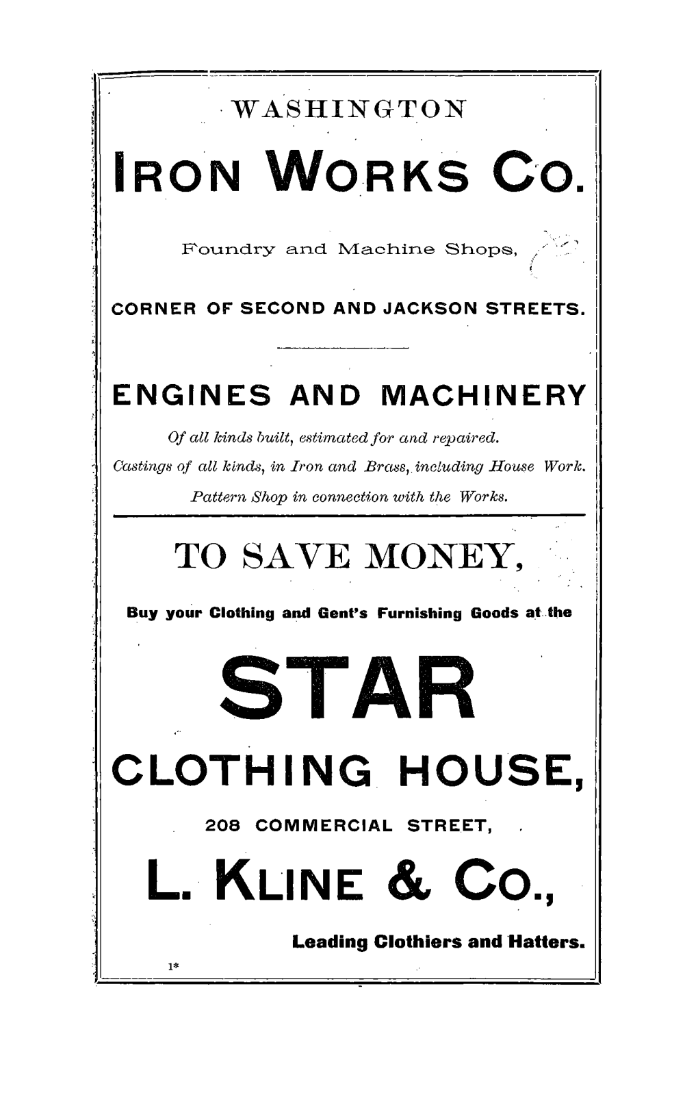 IRON WORKS CO. CLOTHING HOUSE, L. KLINE & Co