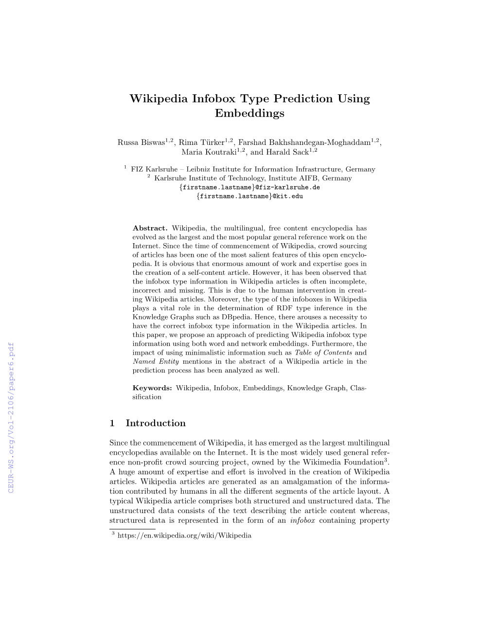 Wikipedia Infobox Type Prediction Using Embeddings