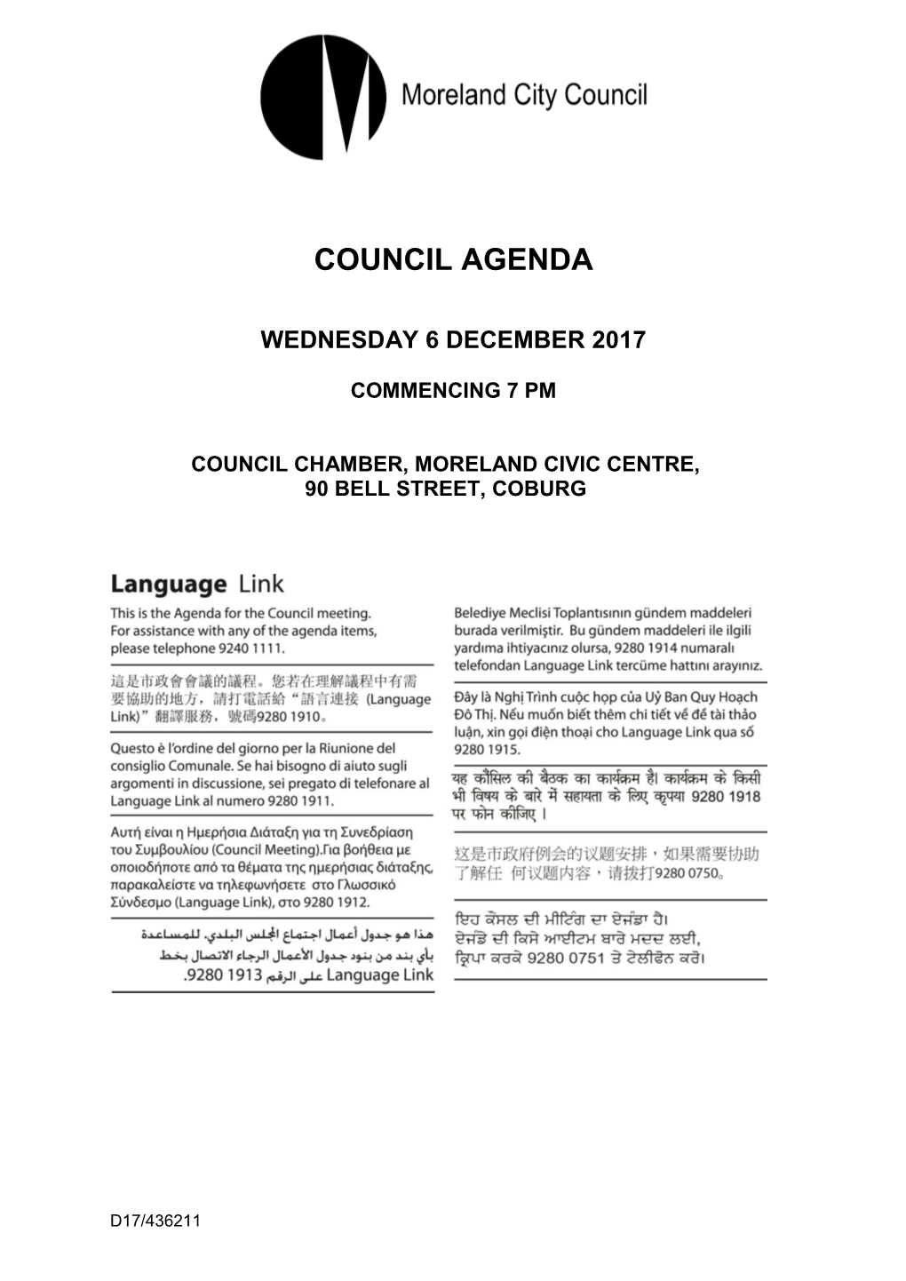 Agenda of Council Meeting