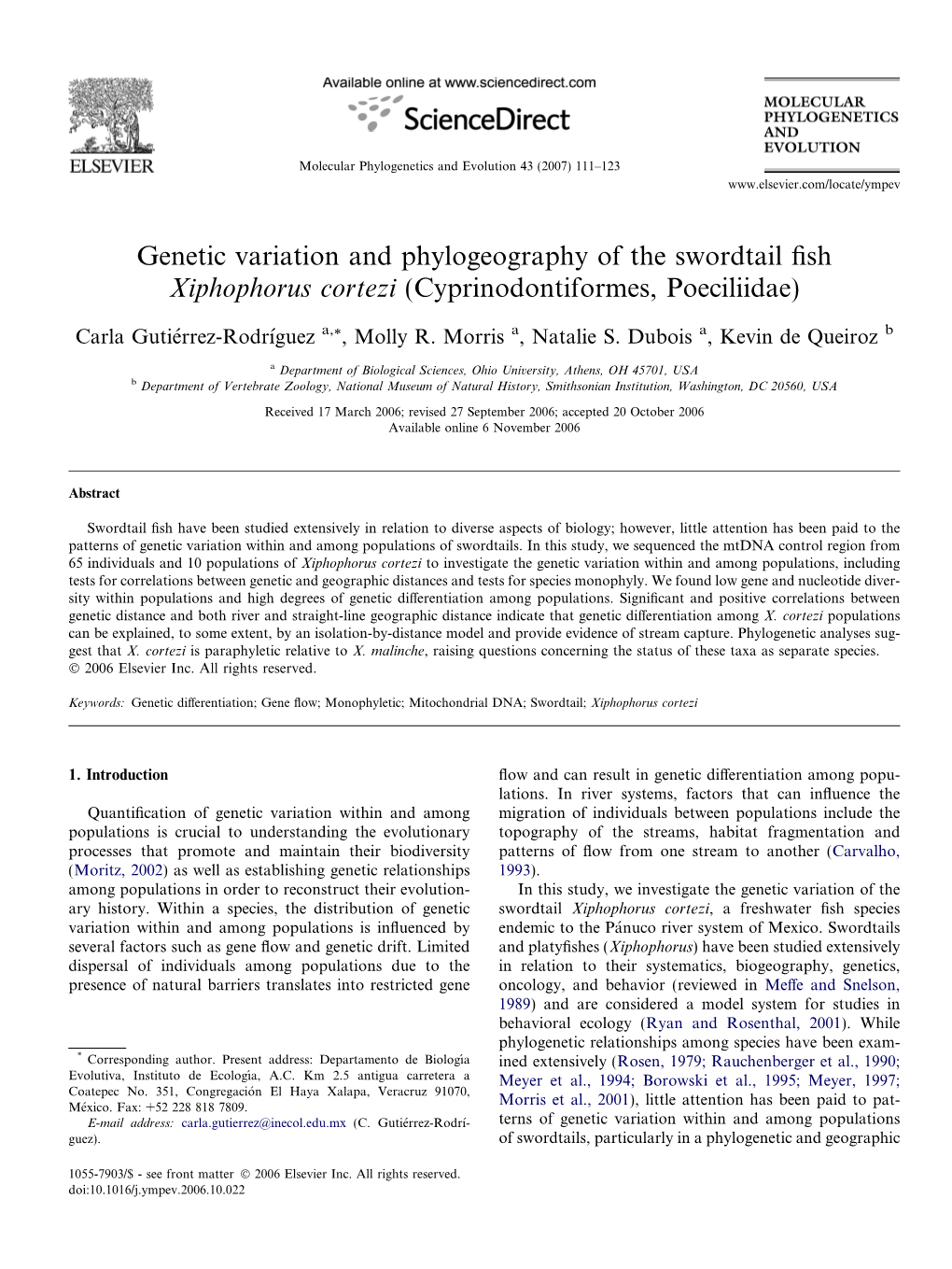 Genetic Variation and Phylogeography of the Swordtail Fish Xiphophorus Cortezi (Cyprinodontiformes, Poeciliidae)