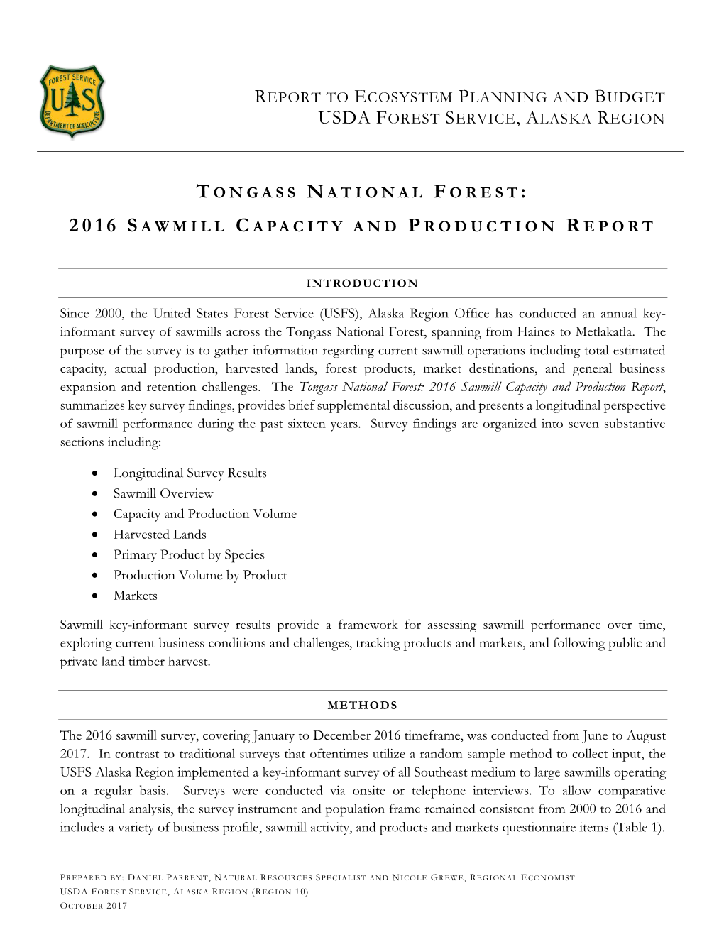 Tongass National Forest : 2016 Sawmill Capacity and Production Report