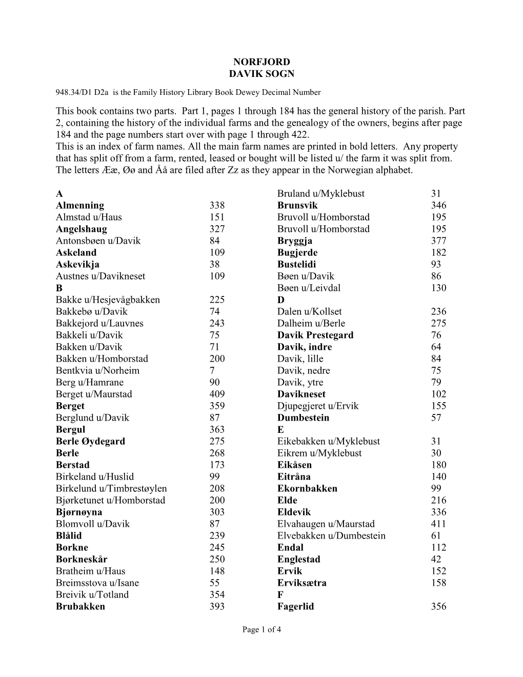 NORFJORD DAVIK SOGN This Book Contains Two Parts. Part 1, Pages 1 Through 184 Has the General History of the Parish. Part 2, Co