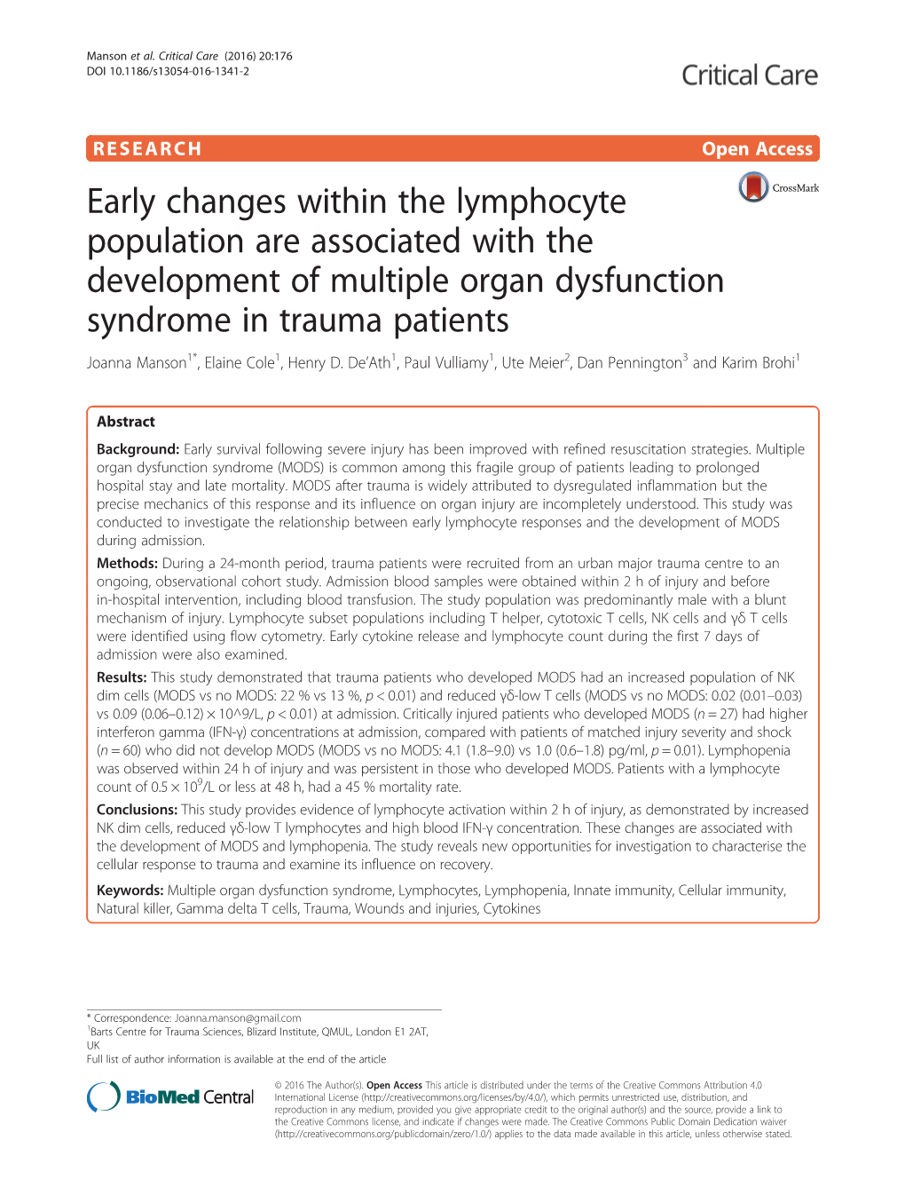 Early Changes Within the Lymphocyte Population Are Associated with The